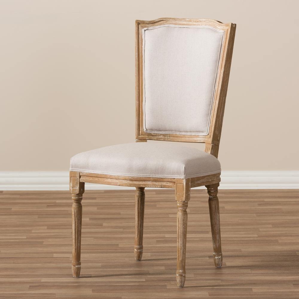 Cadencia French Vintage Cottage Weathered Oak Finish Wood and Beige Fabric Upholstered Dining Side Chair FredCo