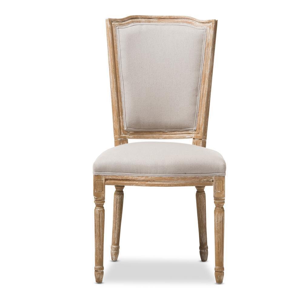 Cadencia French Vintage Cottage Weathered Oak Finish Wood and Beige Fabric Upholstered Dining Side Chair FredCo
