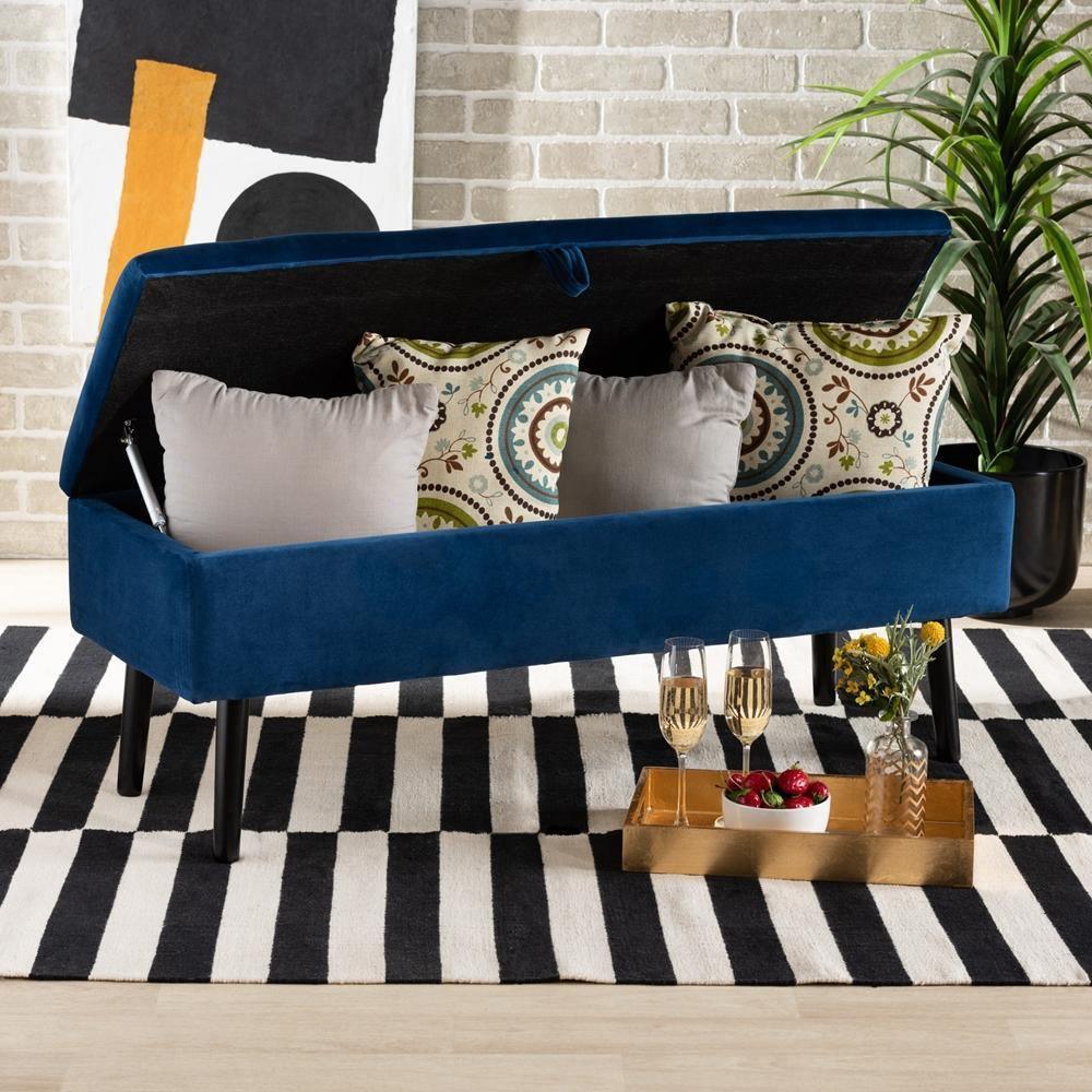 Caine Modern and Contemporary Navy Blue Velvet Fabric Upholstered and Dark Brown Finished Wood Storage Bench FredCo