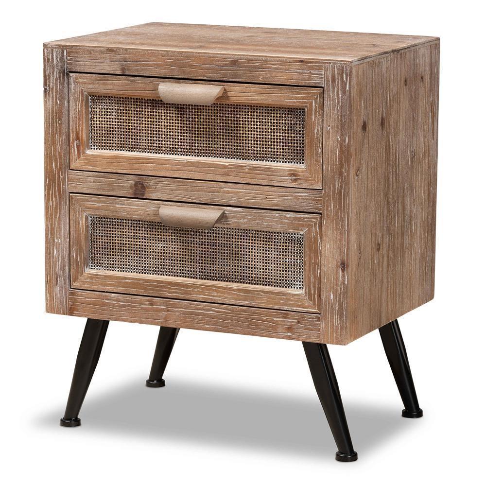 Calida Mid-Century Modern Whitewashed Natural Brown Finished Wood and Rattan 2-Drawer Nightstand FredCo