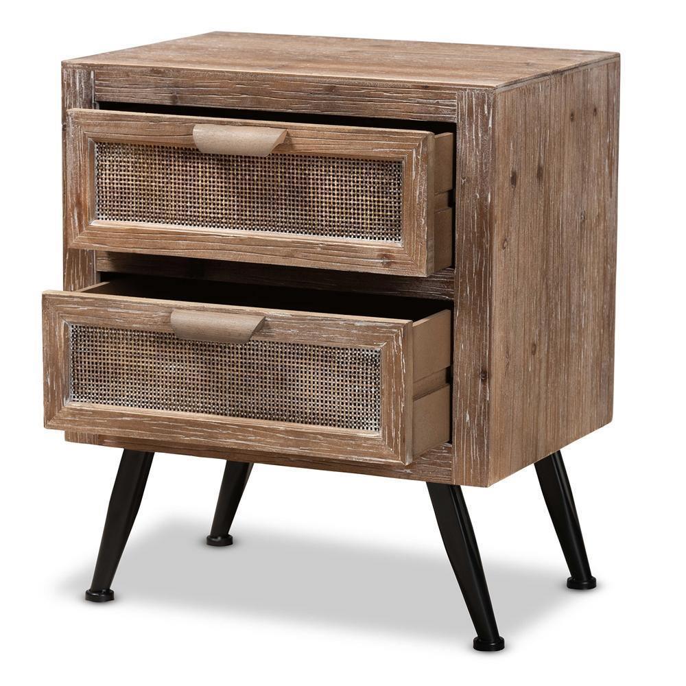 Calida Mid-Century Modern Whitewashed Natural Brown Finished Wood and Rattan 2-Drawer Nightstand FredCo