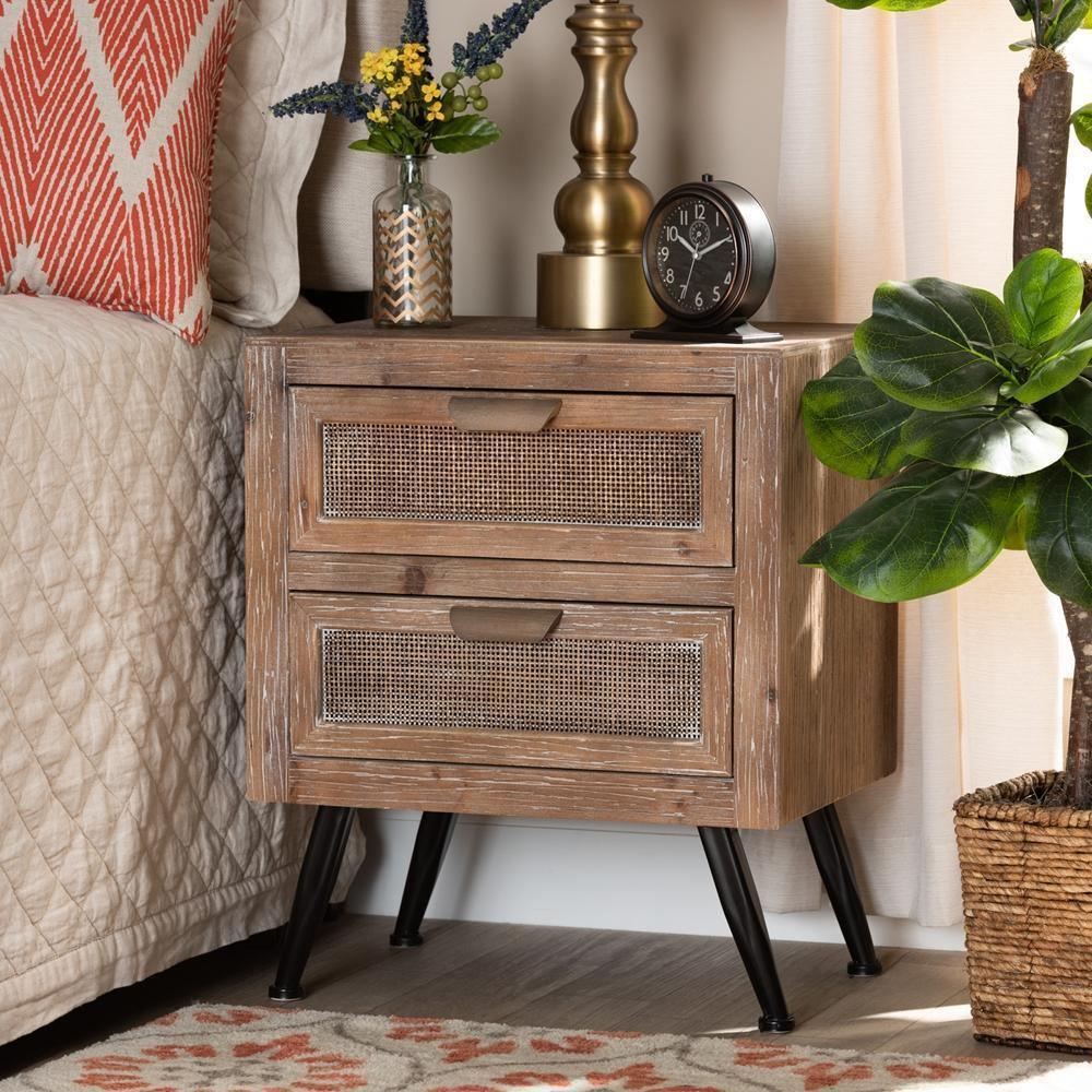 Calida Mid-Century Modern Whitewashed Natural Brown Finished Wood and Rattan 2-Drawer Nightstand FredCo