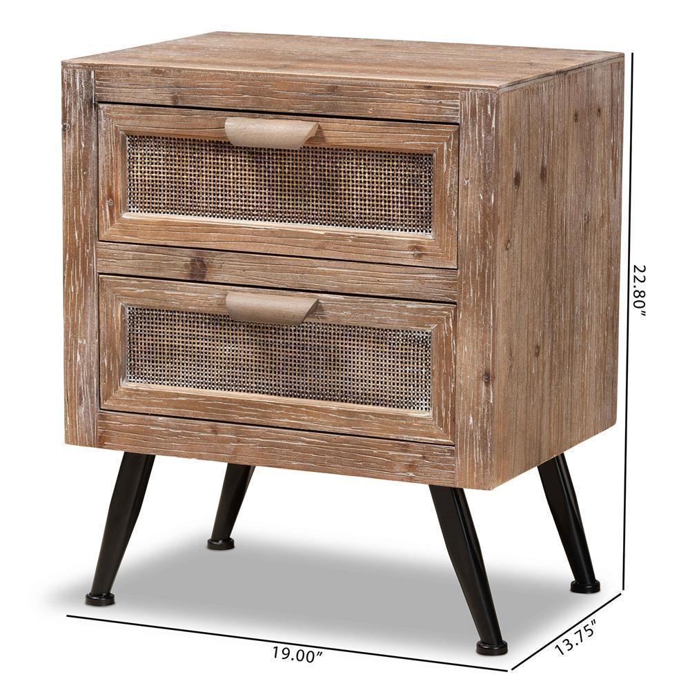 Calida Mid-Century Modern Whitewashed Natural Brown Finished Wood and Rattan 2-Drawer Nightstand FredCo