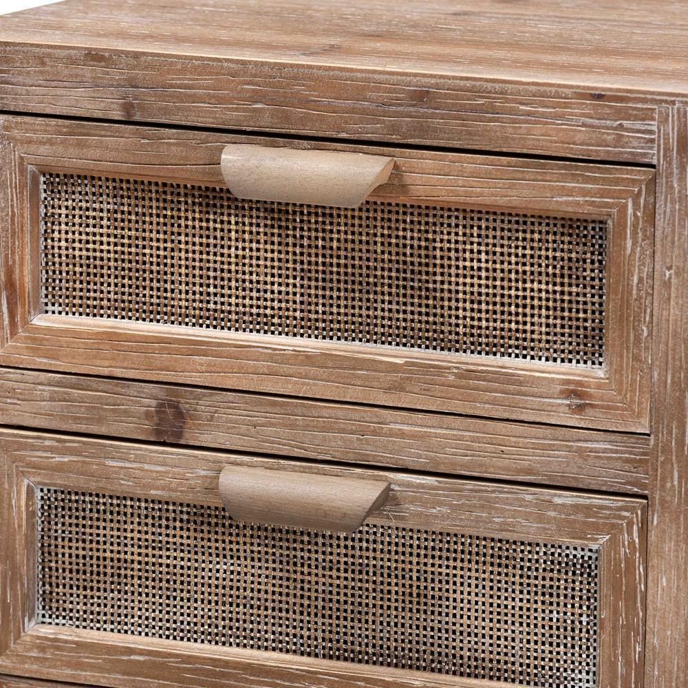 Calida Mid-Century Modern Whitewashed Natural Brown Finished Wood and Rattan 2-Drawer Nightstand FredCo