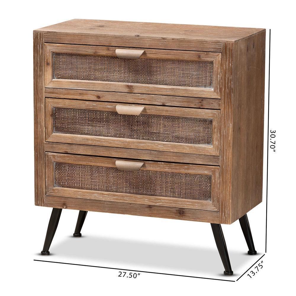 Calida Mid-Century Modern Whitewashed Natural Brown Finished Wood and Rattan 3-Drawer Storage Cabinet FredCo