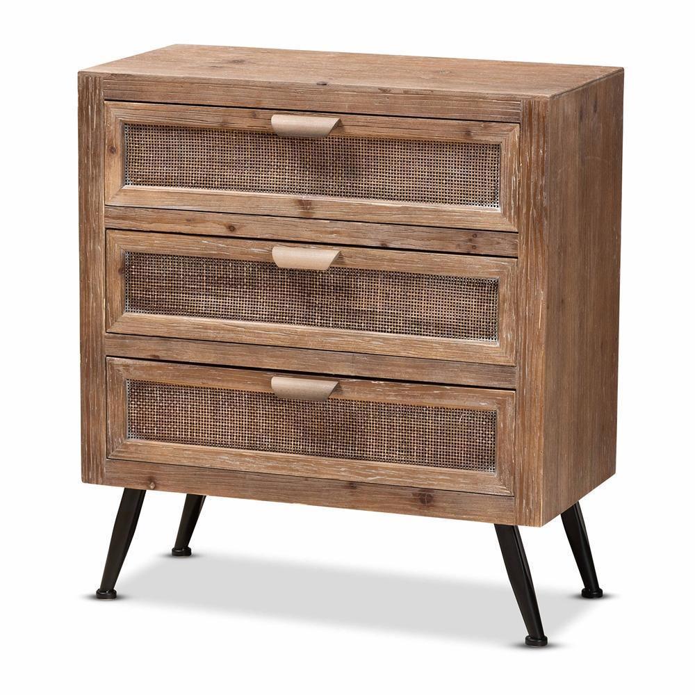 Calida Mid-Century Modern Whitewashed Natural Brown Finished Wood and Rattan 3-Drawer Storage Cabinet FredCo