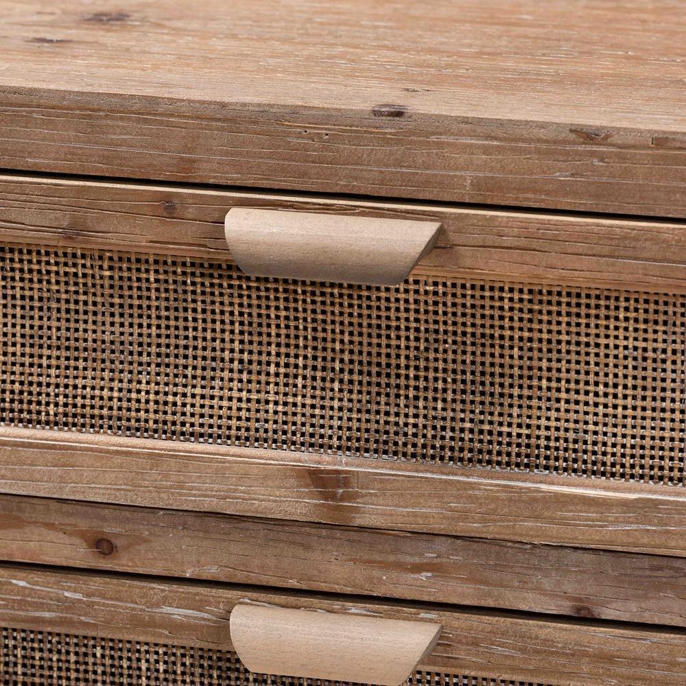 Calida Mid-Century Modern Whitewashed Natural Brown Finished Wood and Rattan 3-Drawer Storage Cabinet FredCo