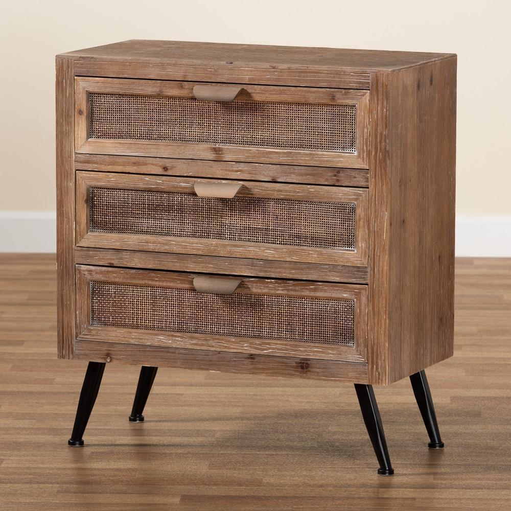 Calida Mid-Century Modern Whitewashed Natural Brown Finished Wood and Rattan 3-Drawer Storage Cabinet FredCo