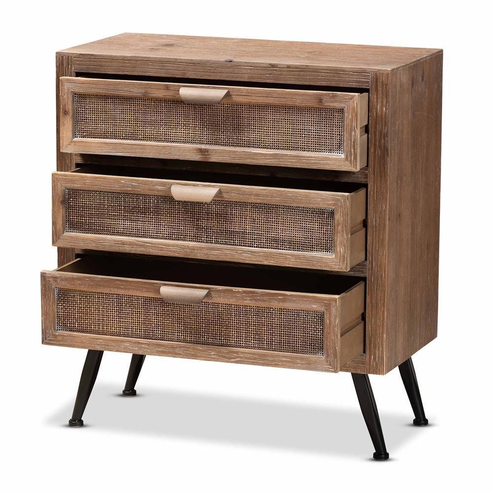 Calida Mid-Century Modern Whitewashed Natural Brown Finished Wood and Rattan 3-Drawer Storage Cabinet FredCo