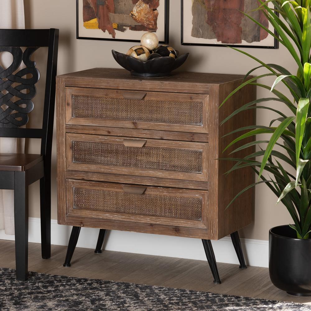 Calida Mid-Century Modern Whitewashed Natural Brown Finished Wood and Rattan 3-Drawer Storage Cabinet FredCo