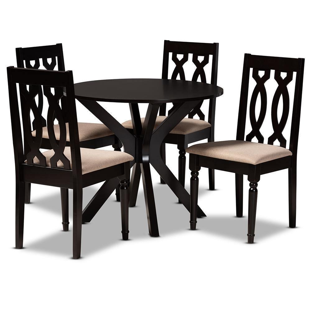 Callie Modern and Contemporary Sand Fabric Upholstered and Dark Brown Finished Wood 5-Piece Dining Set FredCo