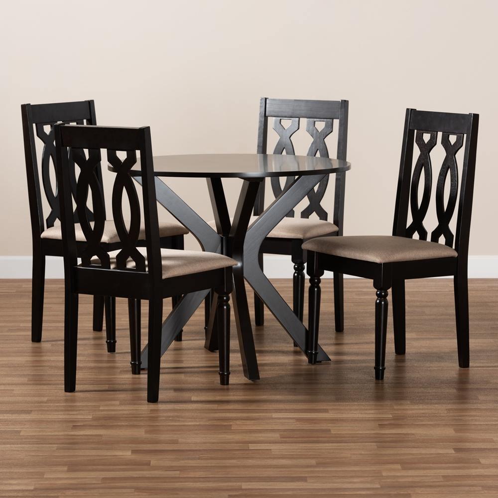 Callie Modern and Contemporary Sand Fabric Upholstered and Dark Brown Finished Wood 5-Piece Dining Set FredCo