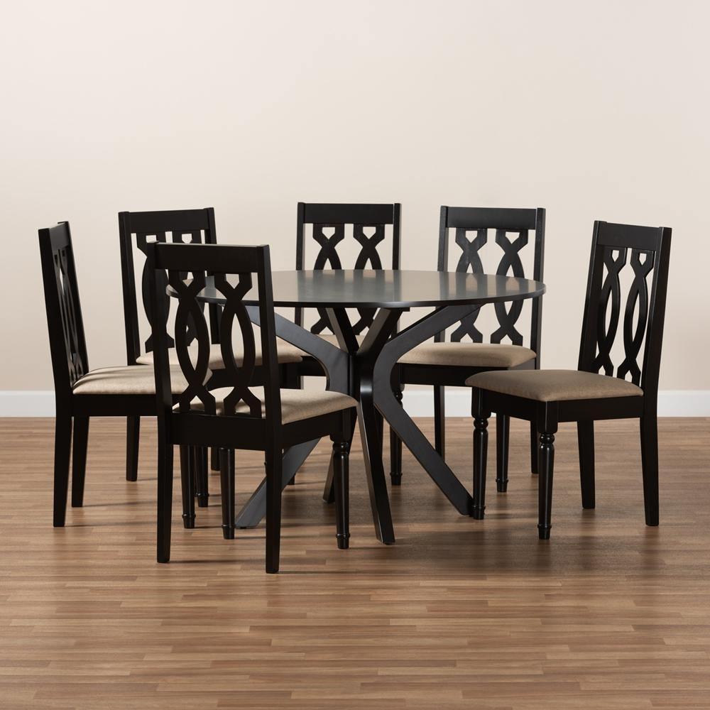 Callie Modern and Contemporary Sand Fabric Upholstered and Dark Brown Finished Wood 7-Piece Dining Set FredCo