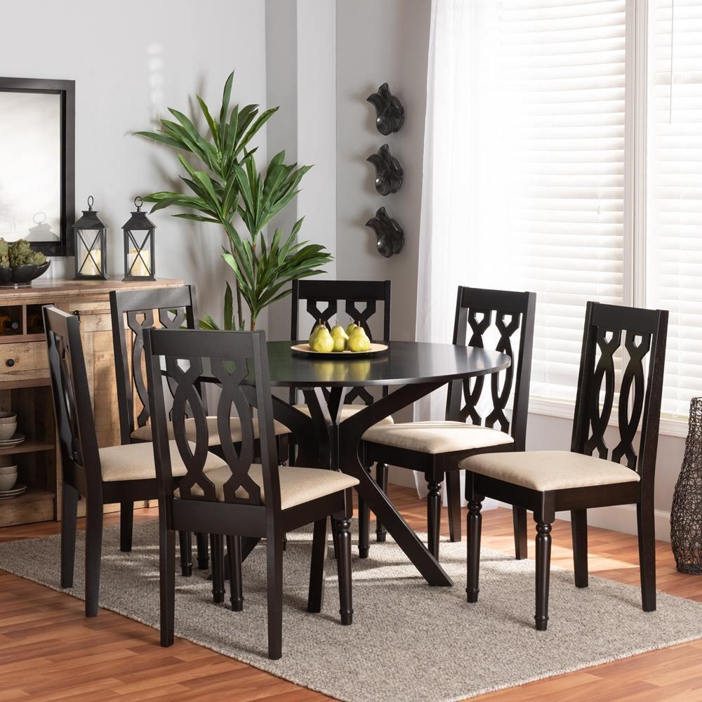 Callie Modern and Contemporary Sand Fabric Upholstered and Dark Brown Finished Wood 7-Piece Dining Set FredCo