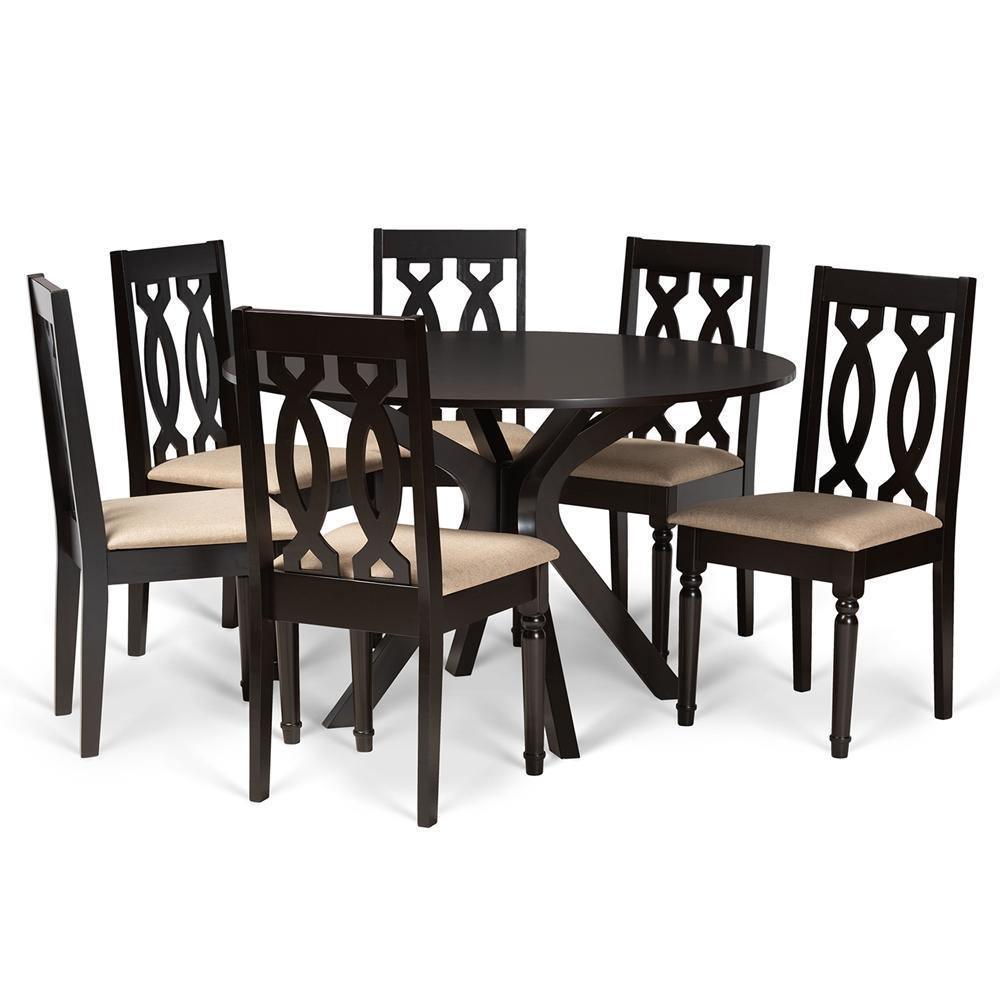 Callie Modern and Contemporary Sand Fabric Upholstered and Dark Brown Finished Wood 7-Piece Dining Set FredCo