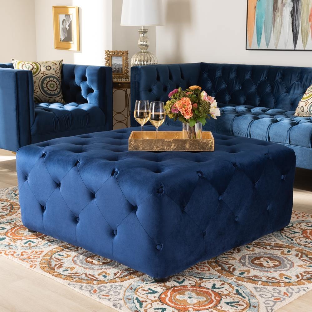Calvetti Modern and Contemporary Royal Blue Velvet Fabric Upholstered Button-Tufted Cocktail Ottoman FredCo