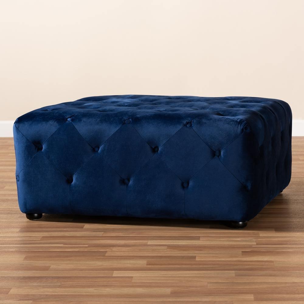 Calvetti Modern and Contemporary Royal Blue Velvet Fabric Upholstered Button-Tufted Cocktail Ottoman FredCo