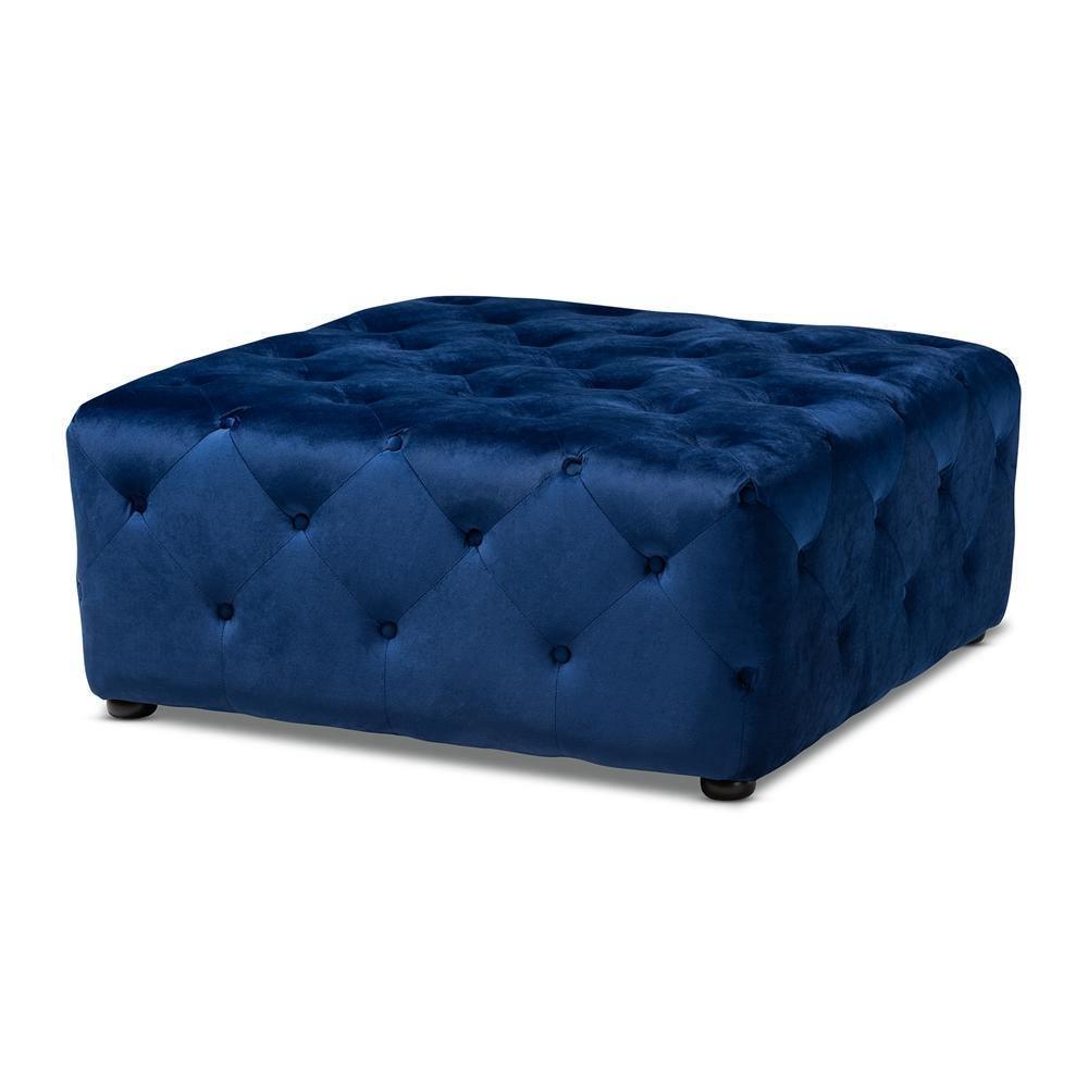 Calvetti Modern and Contemporary Royal Blue Velvet Fabric Upholstered Button-Tufted Cocktail Ottoman FredCo