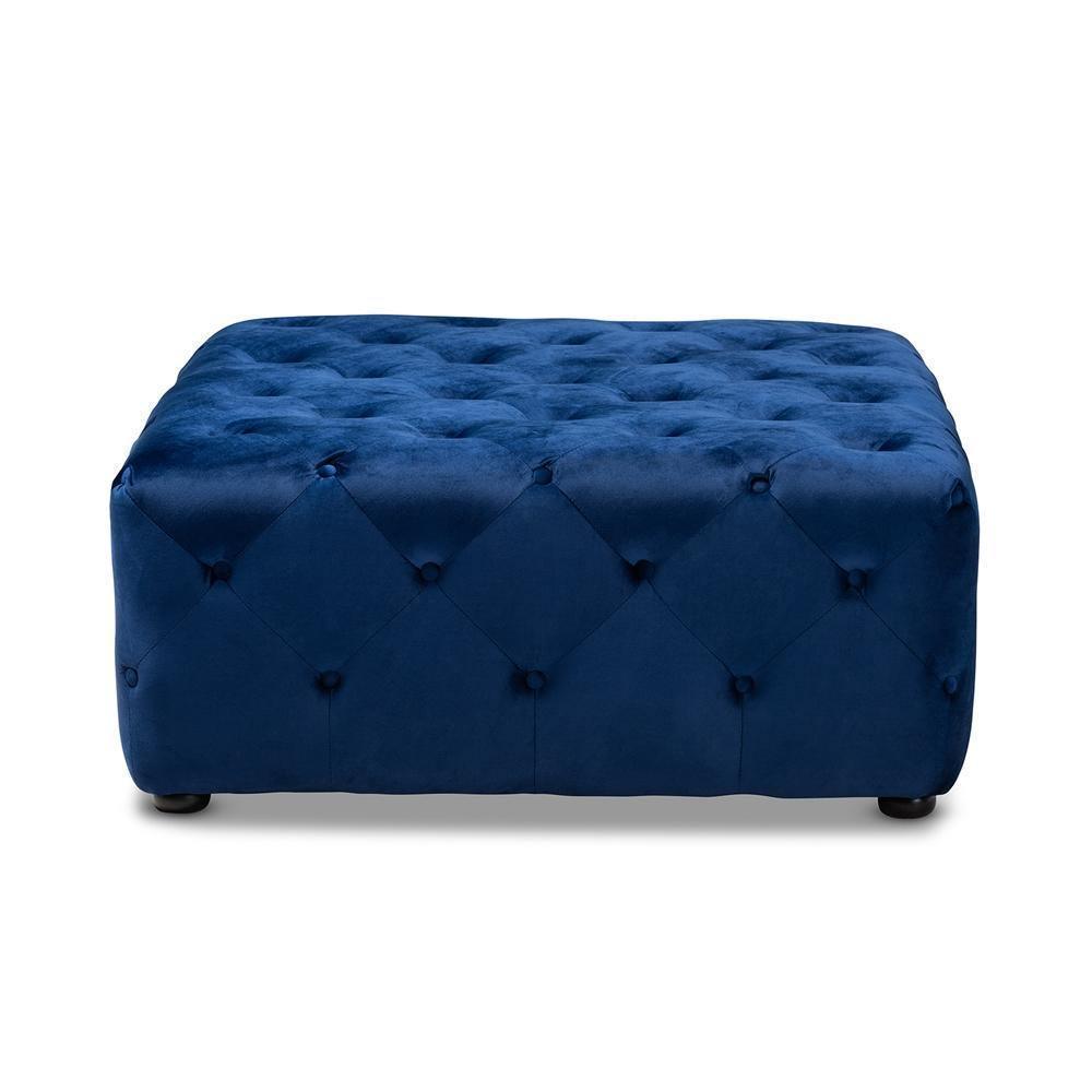 Calvetti Modern and Contemporary Royal Blue Velvet Fabric Upholstered Button-Tufted Cocktail Ottoman FredCo