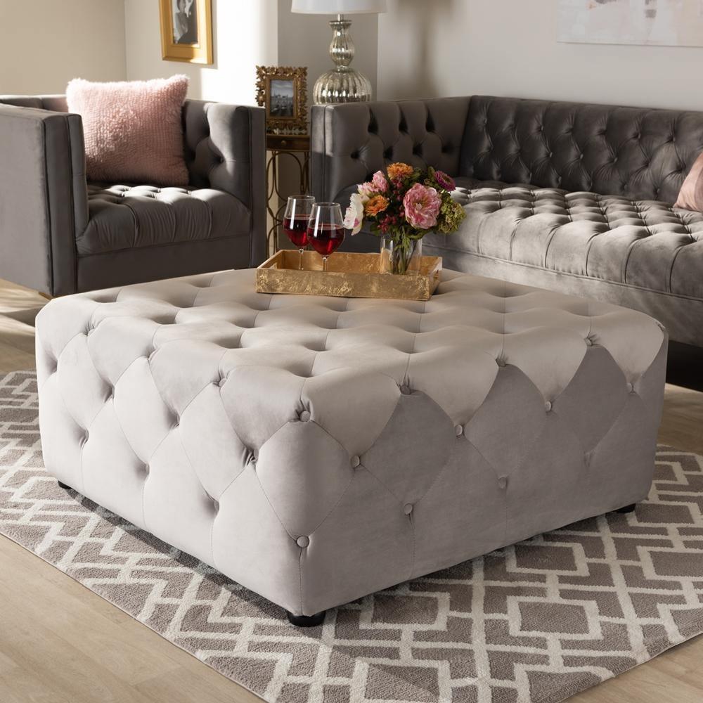 Calvetti Modern and Contemporary Slate Gray Velvet Fabric Upholstered Button-Tufted Cocktail Ottoman FredCo