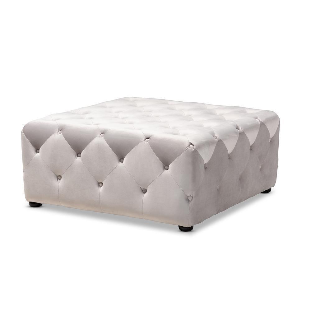 Calvetti Modern and Contemporary Slate Gray Velvet Fabric Upholstered Button-Tufted Cocktail Ottoman FredCo
