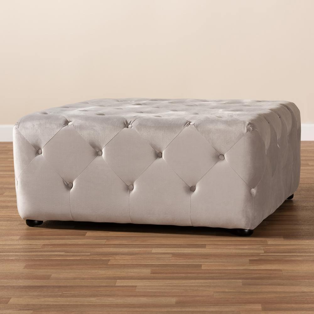 Calvetti Modern and Contemporary Slate Gray Velvet Fabric Upholstered Button-Tufted Cocktail Ottoman FredCo