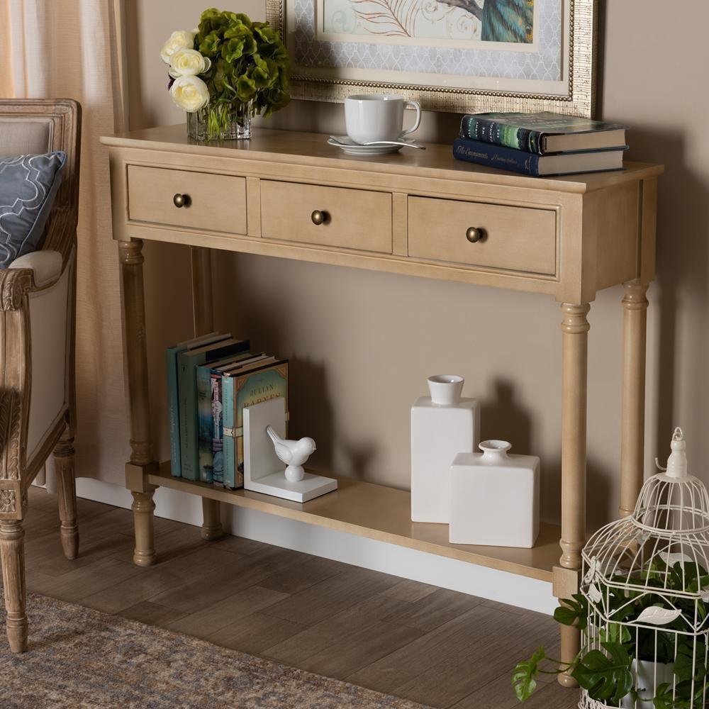 Calvin Classic and Traditional French Farmhouse Oak Brown Finished Wood 3-Drawer Entryway Console Table FredCo
