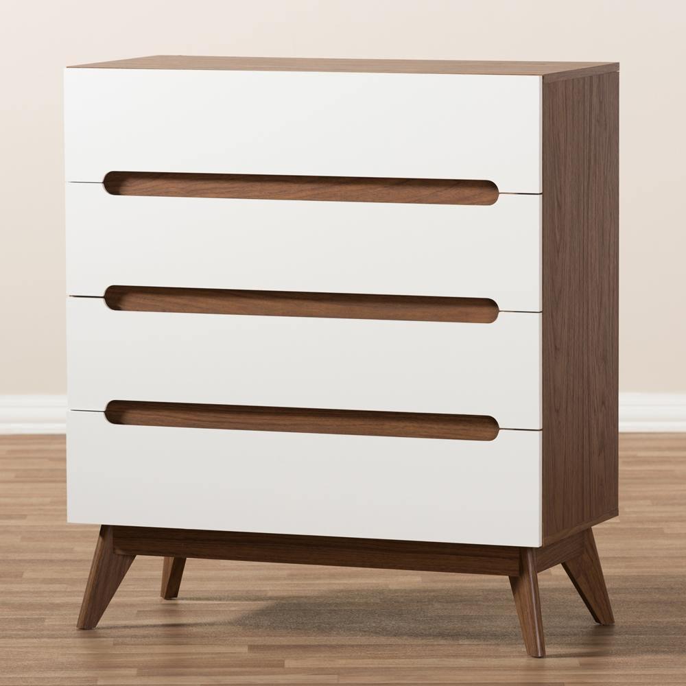 Calypso Mid-Century Modern White and Walnut Wood 4-Drawer Storage Chest FredCo