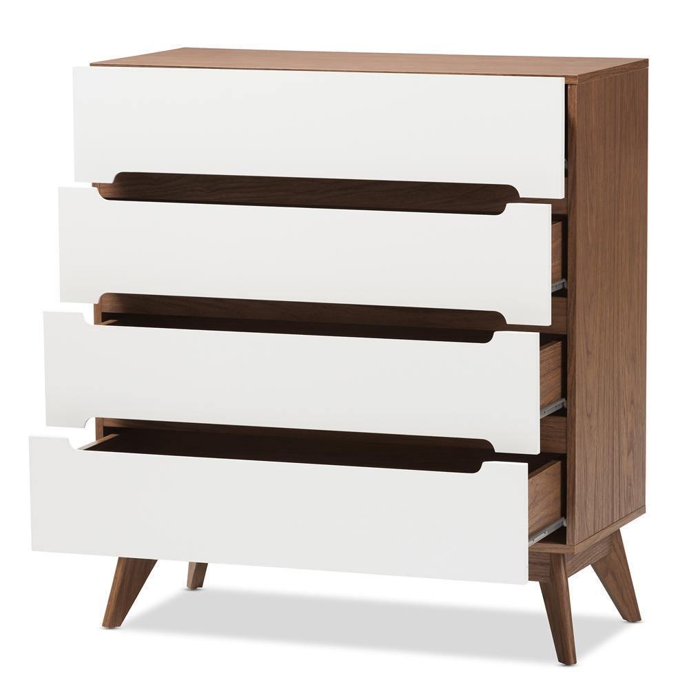 Calypso Mid-Century Modern White and Walnut Wood 4-Drawer Storage Chest FredCo