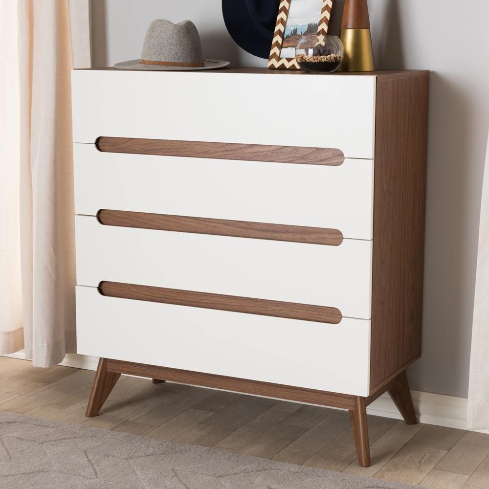 Calypso Mid-Century Modern White and Walnut Wood 4-Drawer Storage Chest FredCo