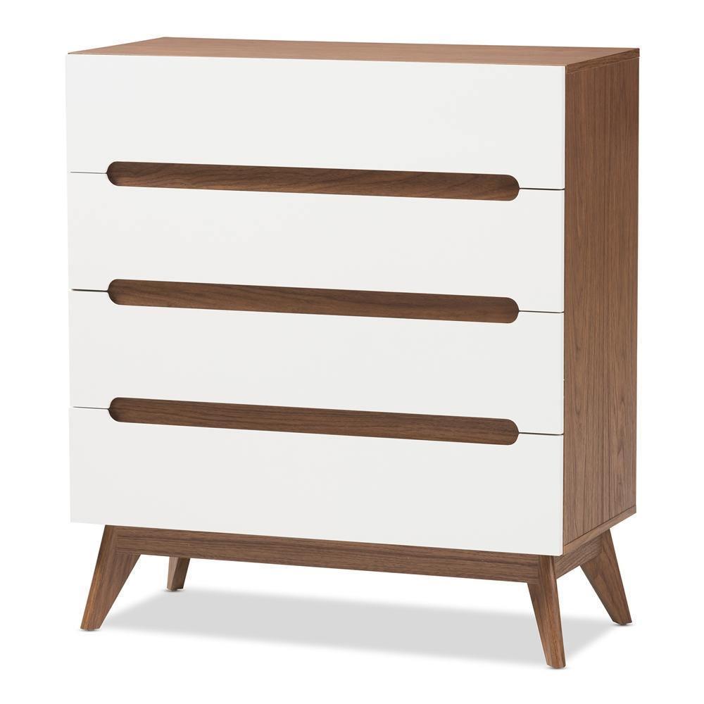 Calypso Mid-Century Modern White and Walnut Wood 4-Drawer Storage Chest FredCo
