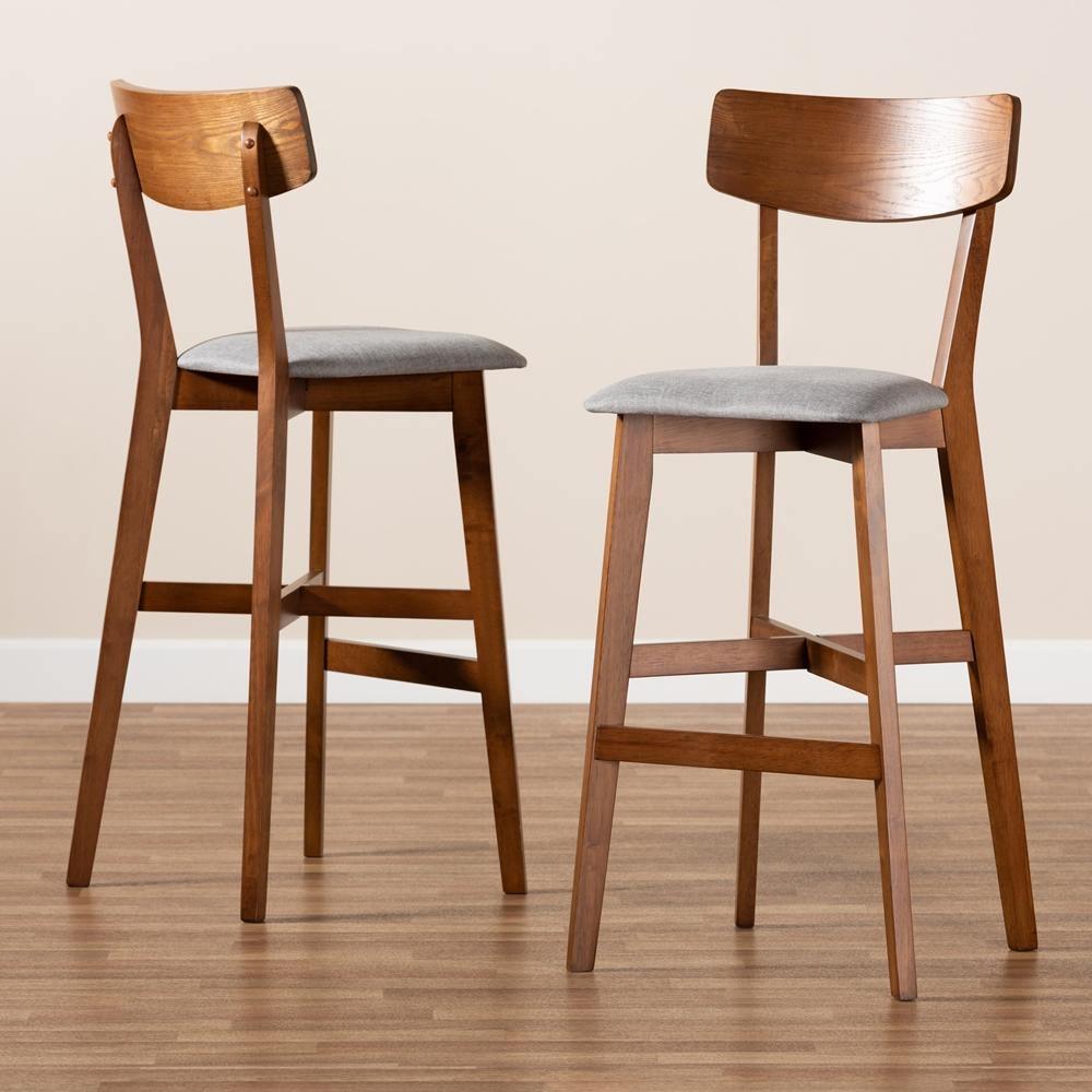Cameron Modern and Contemporary Transitional Grey Fabric Upholstered and Walnut Brown Finished Wood 2-Piece Bar Stool Set FredCo