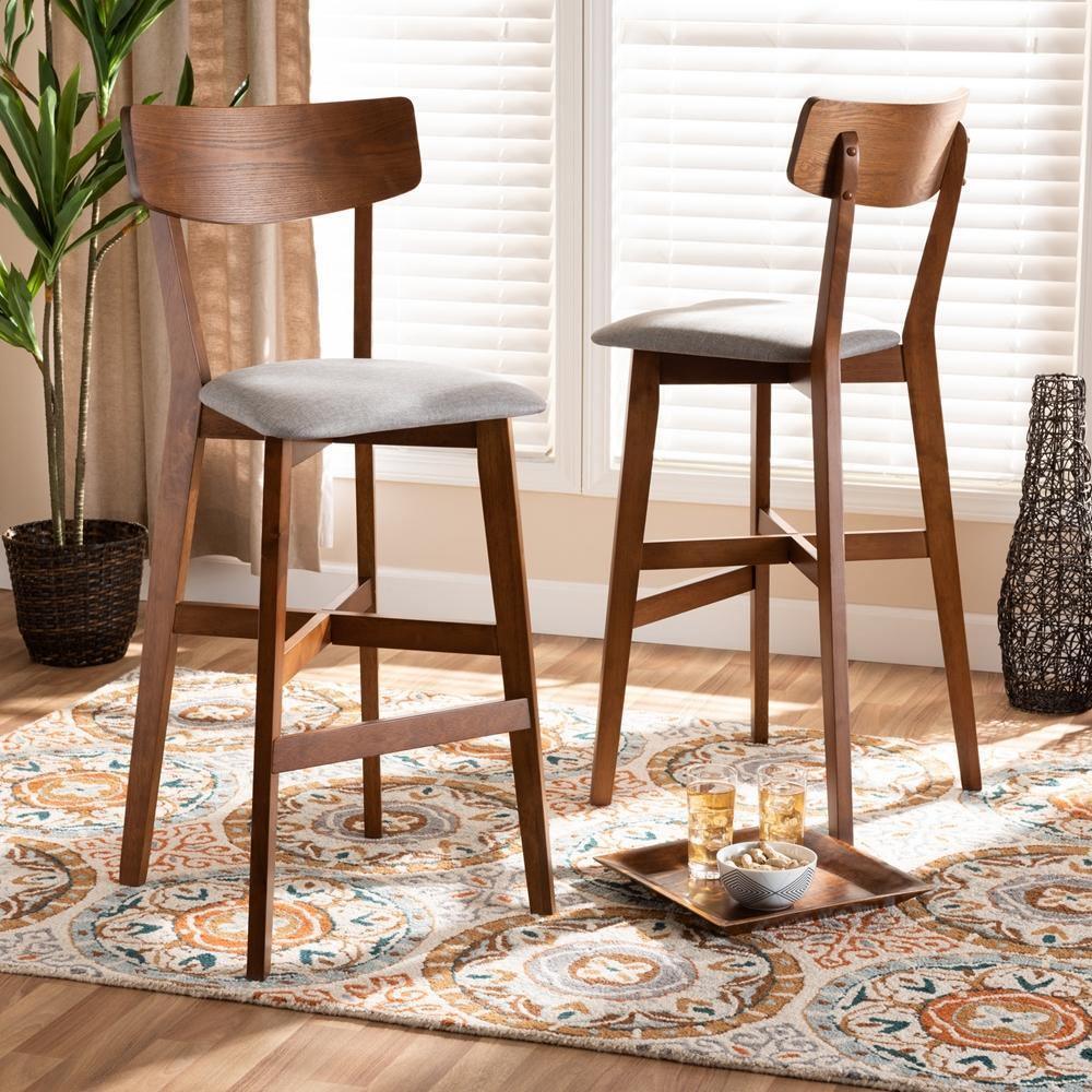 Cameron Modern and Contemporary Transitional Grey Fabric Upholstered and Walnut Brown Finished Wood 2-Piece Bar Stool Set FredCo