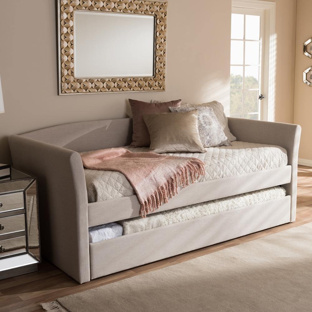 Camino Modern and Contemporary Beige Fabric Upholstered Daybed with Guest Trundle Bed FredCo