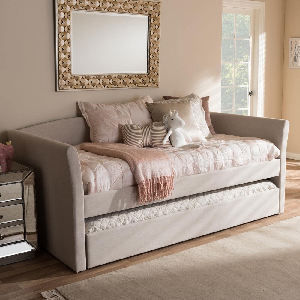 Camino Modern and Contemporary Beige Fabric Upholstered Daybed with Guest Trundle Bed FredCo