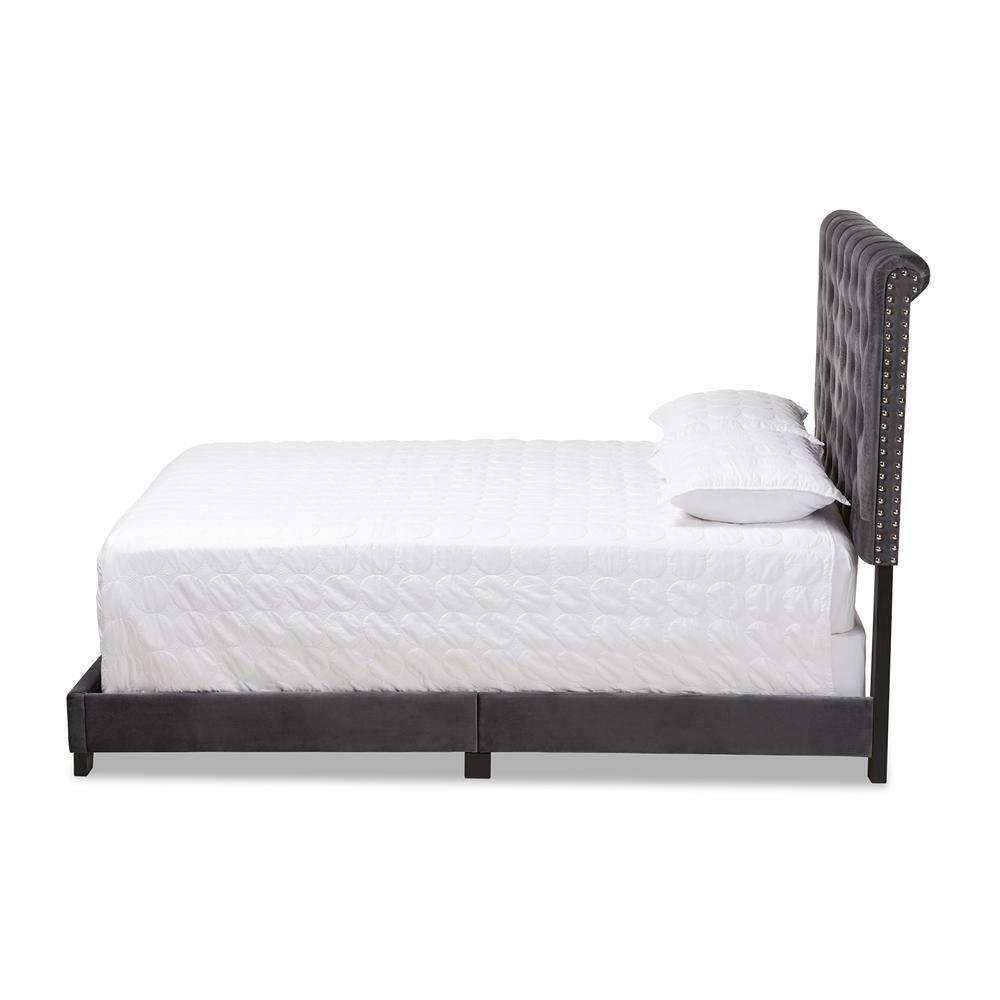 Candace Luxe and Glamour Dark Grey Velvet Upholstered King Size Bed FredCo