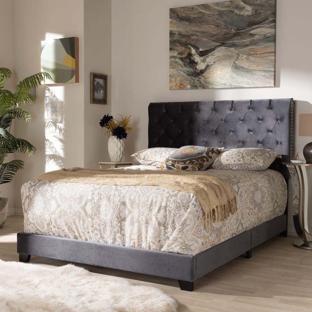 Candace Luxe and Glamour Dark Grey Velvet Upholstered King Size Bed FredCo