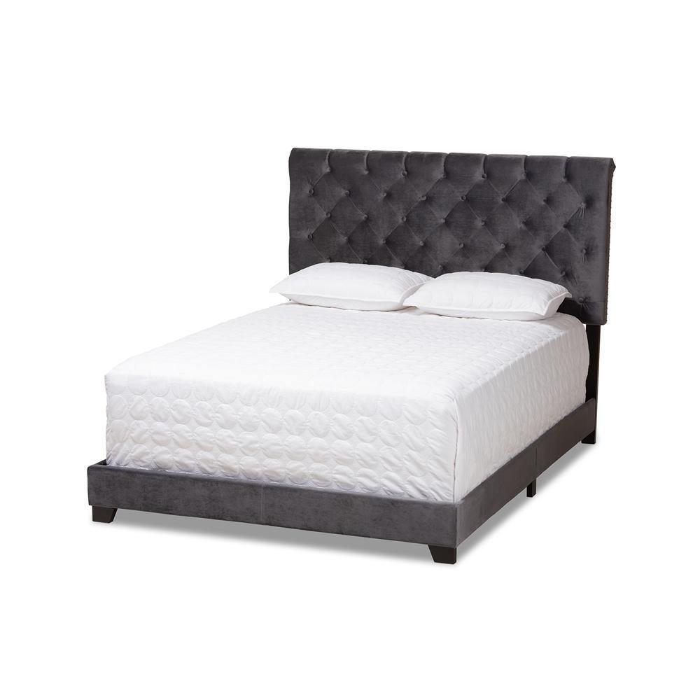 Candace Luxe and Glamour Dark Grey Velvet Upholstered King Size Bed FredCo