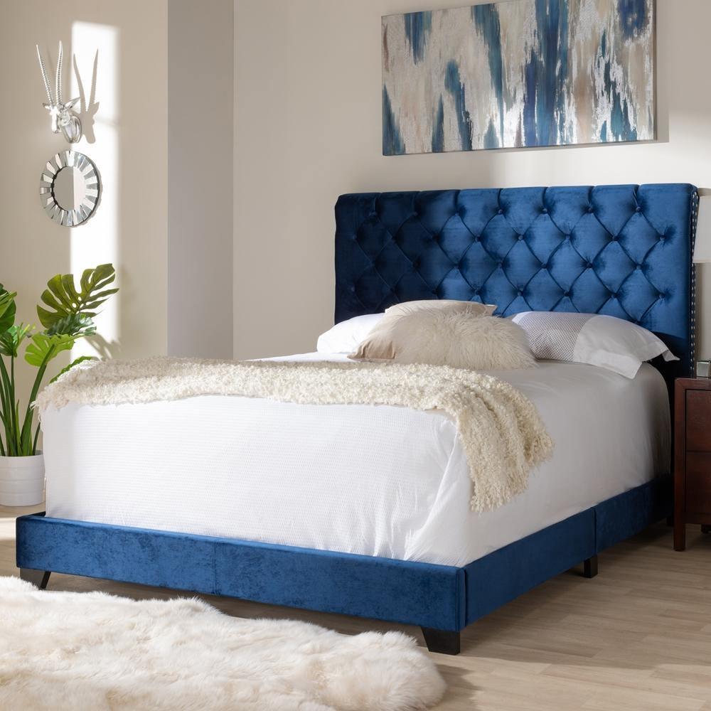 Candace Luxe and Glamour Navy Velvet Upholstered King Size Bed FredCo
