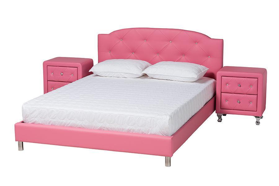 Canterbury Contemporary Glam Pink Faux Leather Upholstered Full Size 3-Piece Bedroom Set FredCo