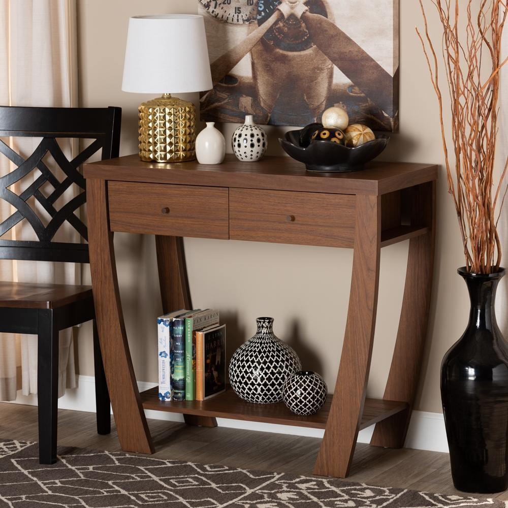 Capote Modern and Contemporary Walnut Brown Finished Wood 2-Drawer Console Table FredCo