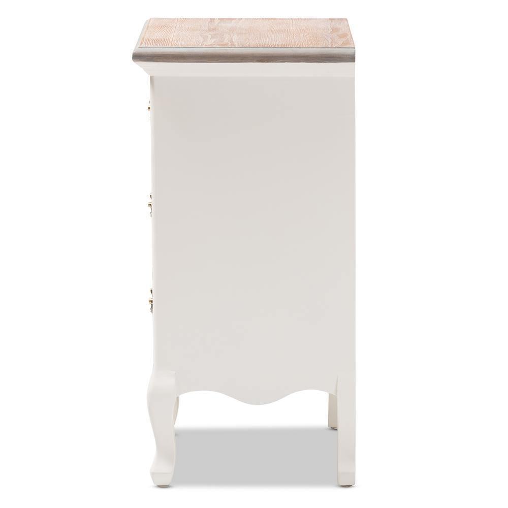 Capucine Antique French Country Cottage Two Tone Natural Whitewashed Oak and White Finished Wood 3-Drawer Nightstand FredCo