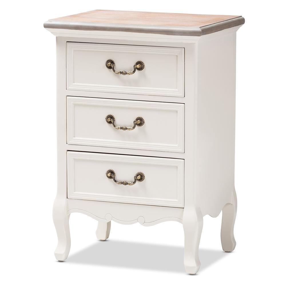 Capucine Antique French Country Cottage Two Tone Natural Whitewashed Oak and White Finished Wood 3-Drawer Nightstand FredCo