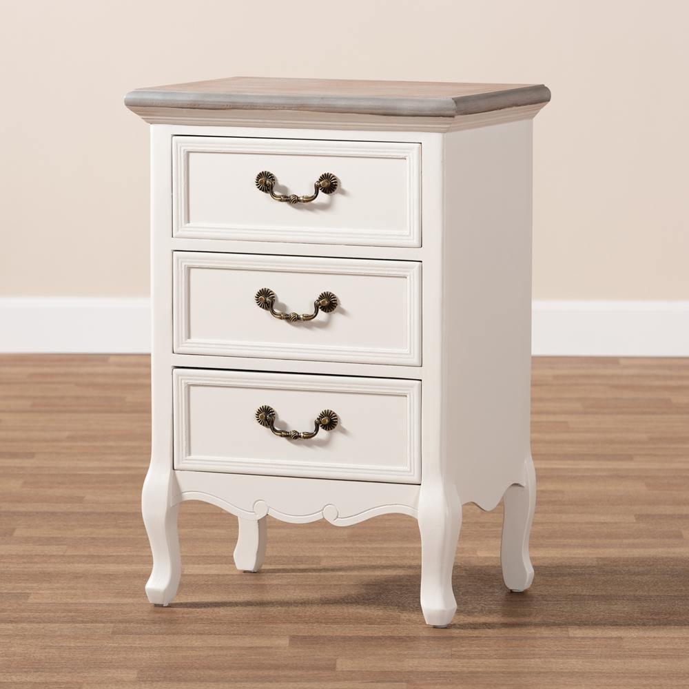 Capucine Antique French Country Cottage Two Tone Natural Whitewashed Oak and White Finished Wood 3-Drawer Nightstand FredCo