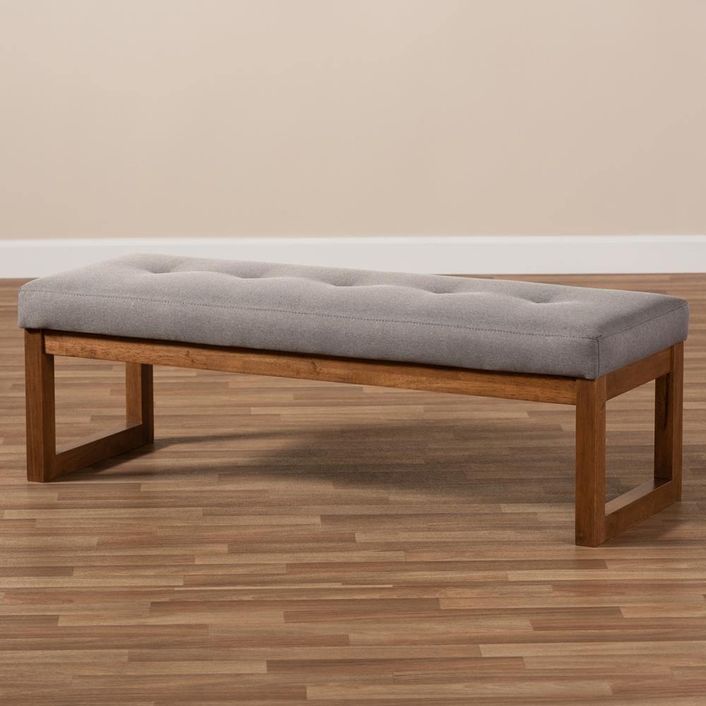 Caramay Modern and Contemporary Grey Fabric Upholstered Walnut Brown Finished Wood Bench FredCo