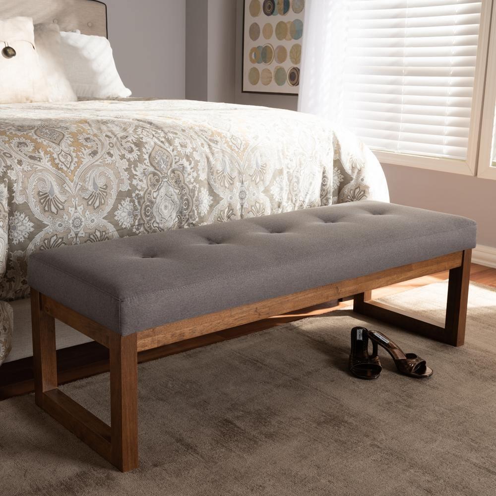Caramay Modern and Contemporary Grey Fabric Upholstered Walnut Brown Finished Wood Bench FredCo