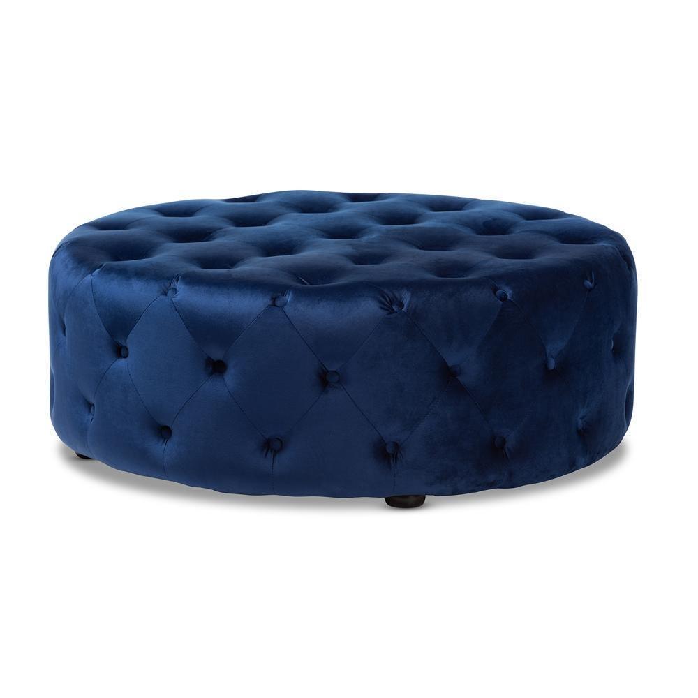 Cardiff Transitional Royal Blue Velvet Fabric Upholstered Button Tufted Cocktail Ottoman FredCo