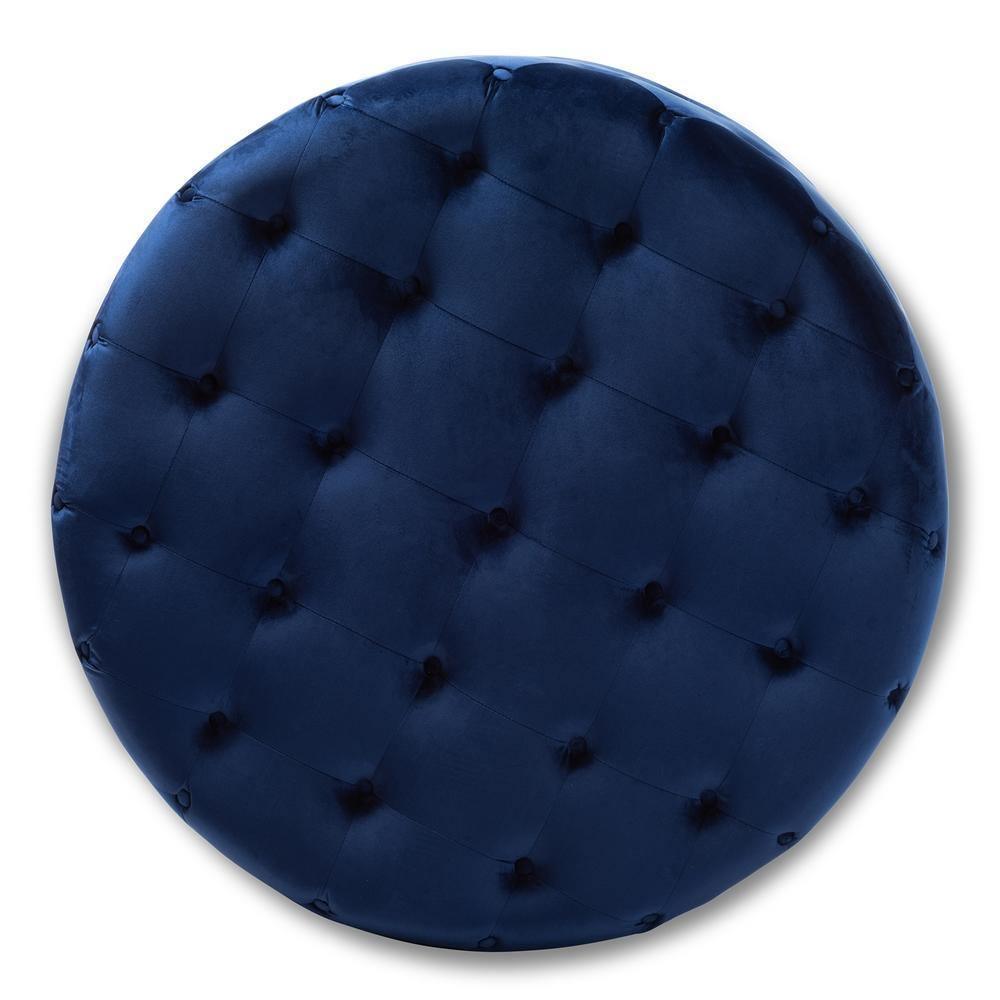 Cardiff Transitional Royal Blue Velvet Fabric Upholstered Button Tufted Cocktail Ottoman FredCo