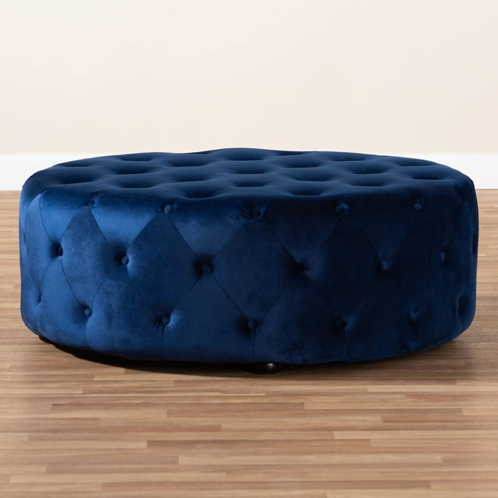 Cardiff Transitional Royal Blue Velvet Fabric Upholstered Button Tufted Cocktail Ottoman FredCo