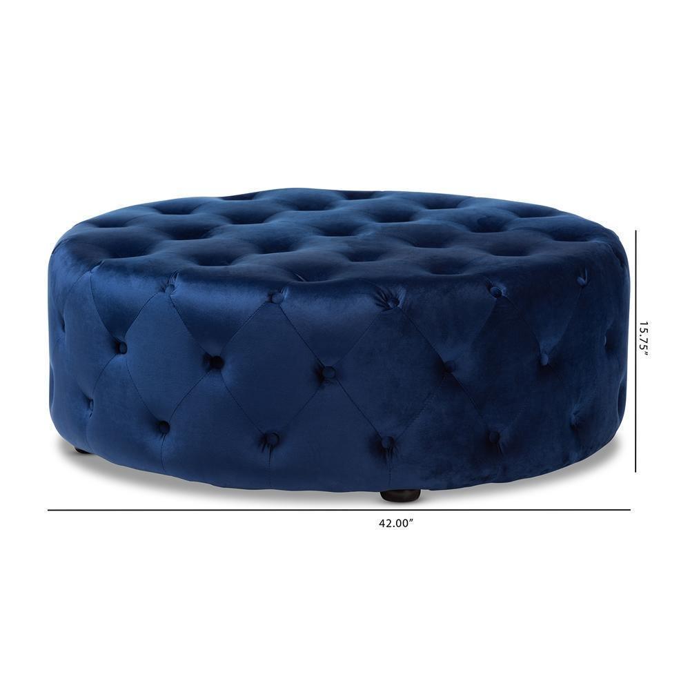 Cardiff Transitional Royal Blue Velvet Fabric Upholstered Button Tufted Cocktail Ottoman FredCo